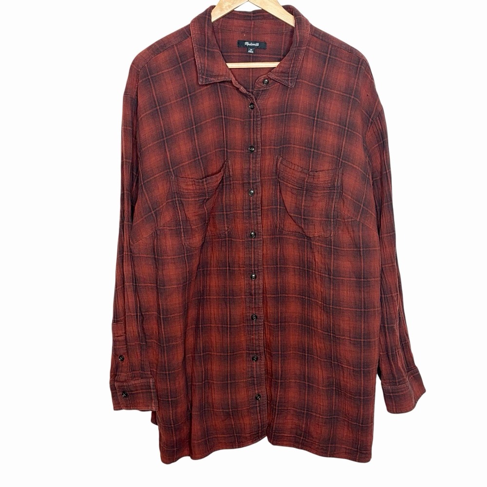 Madewell Plaid Woven Button Up Shirt Rust Womens 2X Heritage Fisherman Granola